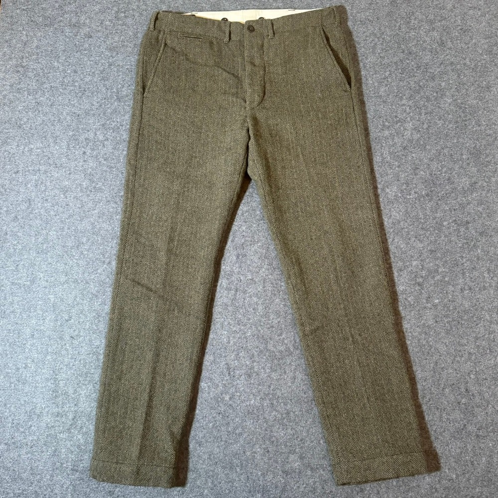 RRL Ralph Lauren Mens Herringbone Wool Blend Trousers Olive Brown 34x31 Lux